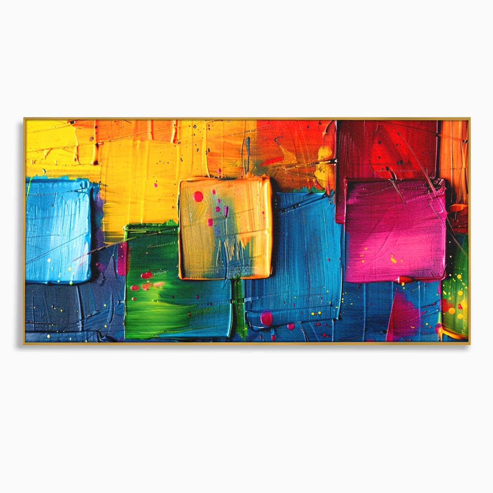 Tablou canvas cu pictura abstracta cu patrate colorate in relief, in rama de aluminiu auriu